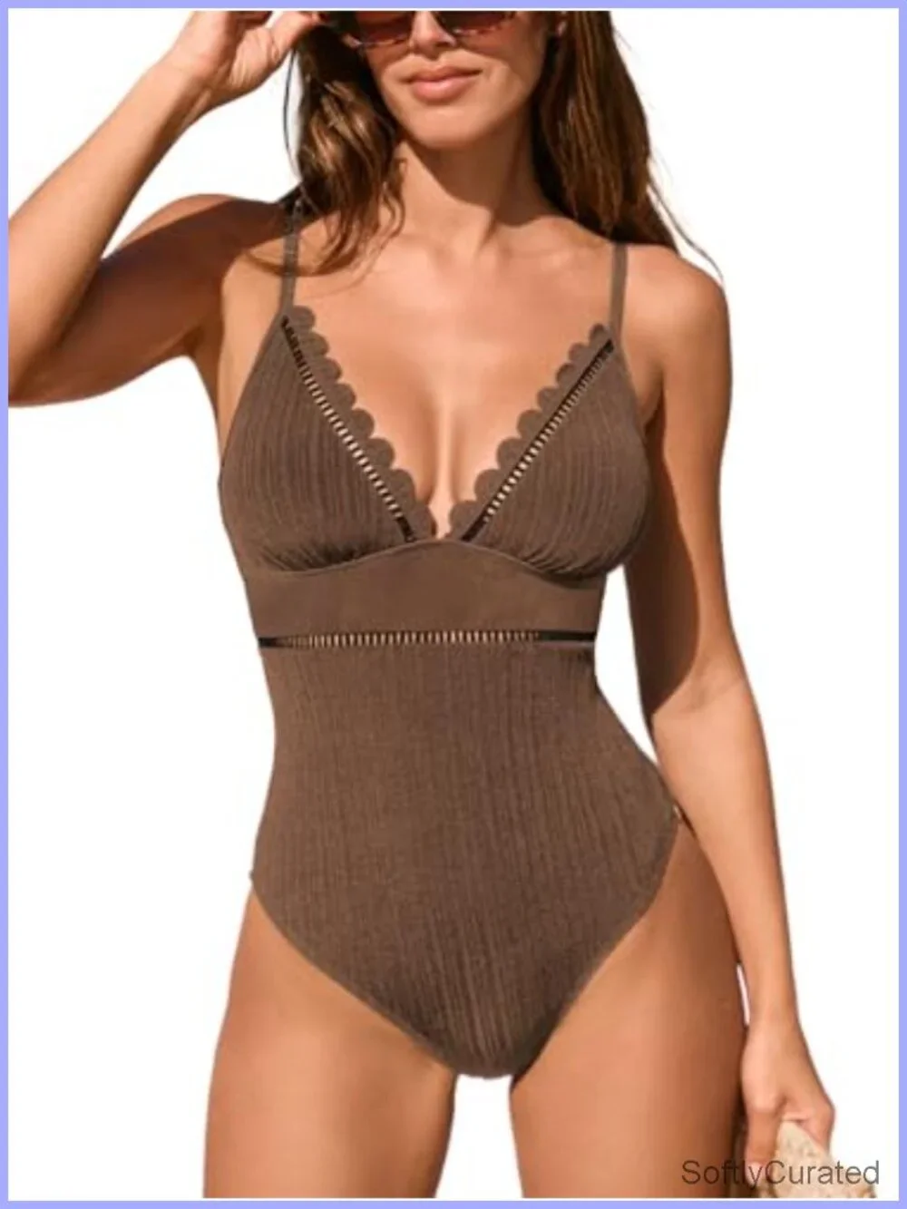 One Piece Swimsuit Scalloped V Neck Mesh Cutout Adjustable Straps Textured